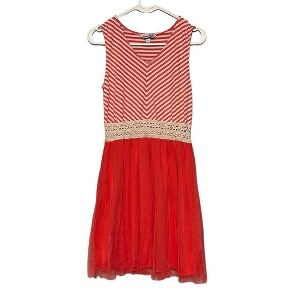 Tank Dress Junior’s Large Speechless Coral White Striped V-Neck Tulle Skirt - Picture 1 of 6